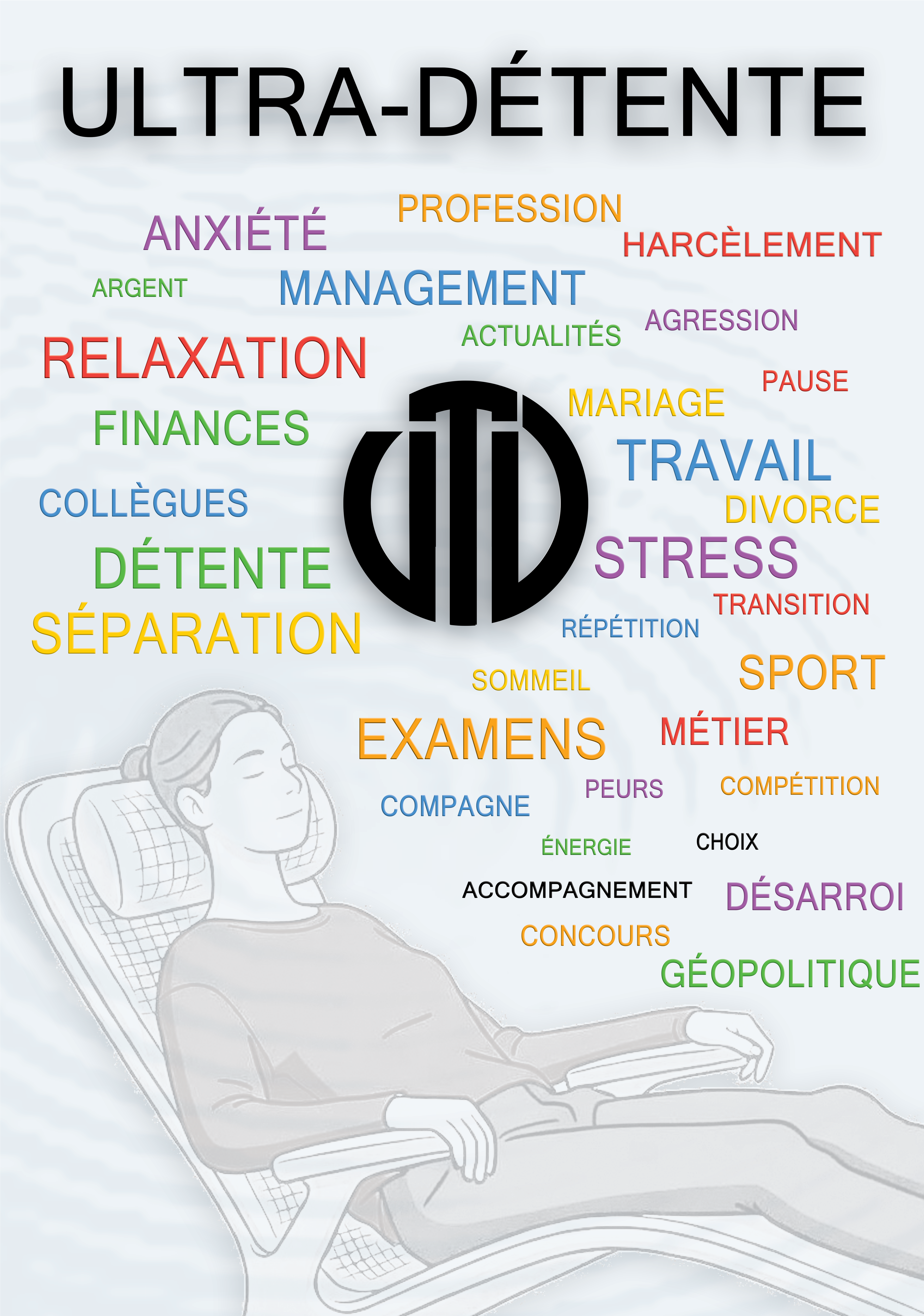 Word cloud of stress triggers above a person settled in an ultra-relaxation chair